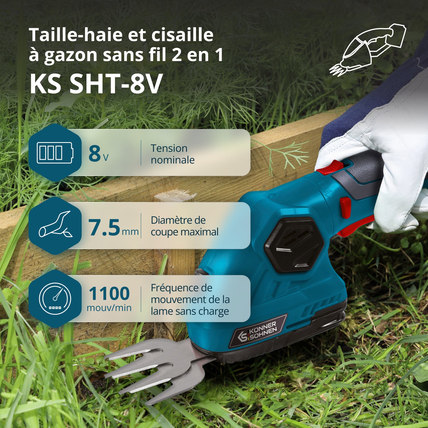 Taille-haie et cisaille à gazon sans fil 2 en 1 KS SHT-8V